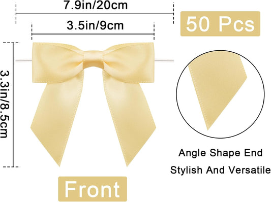 50Pcs Twist Tie Bows,3.5'' Champagne Gold Satin Ribbon Bows,Wedding Favor Ribbon Bows,Pre-Tied Champagne Gold V1258-DP02-B-356