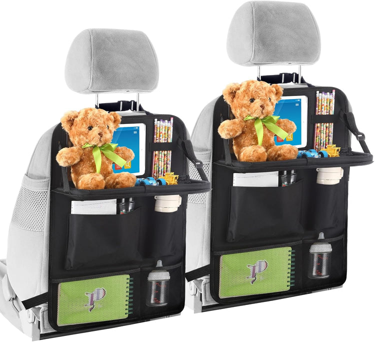 2 Pcs Backseat Car Organizers with Table Tray, 6 Storage Pockets Car Organizer with Tablet Holder, Kick Mats V1258-DP02-B-3734