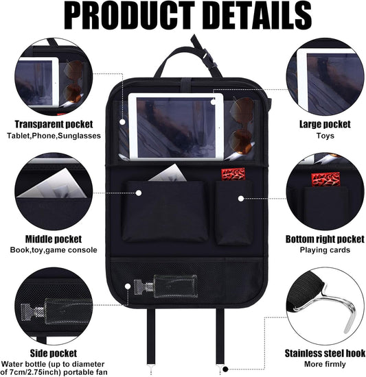 2 Pcs Backseat Car Organizers with Table Tray, 6 Storage Pockets Car Organizer with Tablet Holder, Kick Mats V1258-DP02-B-3734
