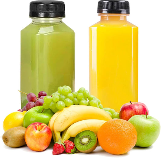 10 Pack 4oz Plastic Juice Bottles, Reusable Beverage Containers Clear with Black Lids, Versatile Drink V1258-DP02-B-3849