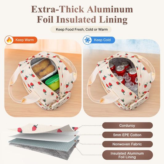 Lunch Box for Women, Cute Strawberry Corduroy Insulated Lunch Bag Women Reusable Work Leakproof Simple Adults V1258-DP02-B-388