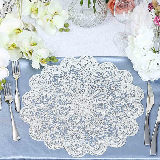 Efavormart 6 Pack 15" White Vintage Floral Vinyl Placemats - Non-Slip Round Metallic Lace Cutout Dining Mats V1258-DP02-B-3954