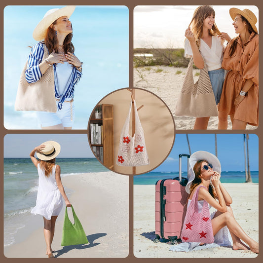 Crochet Beach Tote Bags, Stylish Mesh Beach Bags Shoulder Bag for Women, Cute Summer Vacation Boho Tote Bag V1258-DP02-B-400