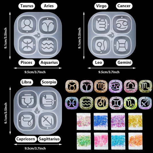 3 Pieces Zodiac Signs Keychain Resin Molds Silicone with Hole Constellation Sign Pendant Silicone Epoxy UV V1258-DP02-B-4009