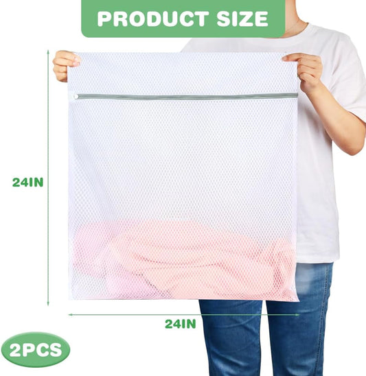 Durable Honeycomb Mesh Laundry Bags, 2 XX-Large 24in x 24in Washing Delicate Bags with Colorful Zipper for V1258-DP02-B-409