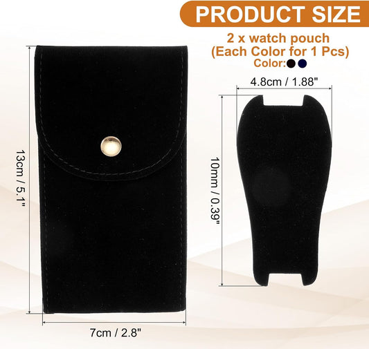 2 Pcs Velvet Watch Pouch, Portable Watch Travel Case Soft Watch Storage Bag with Snap Button Concave Inner V1258-DP02-B-4091