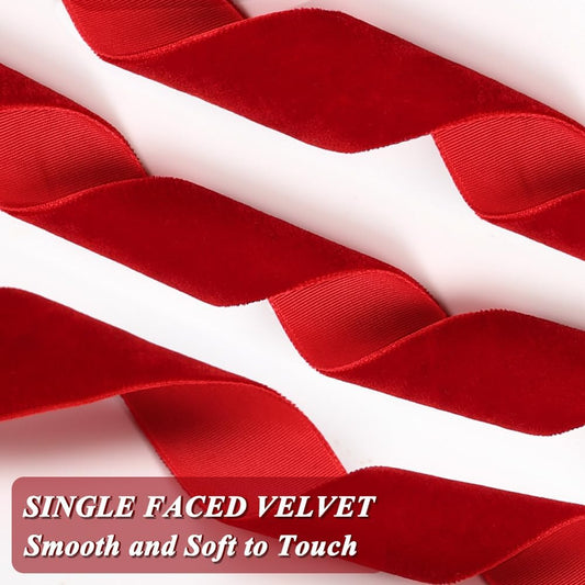 Red Velvet Ribbon, 1 Inch x 20 Yards Single Faced Red Ribbon for Gift Wrapping, Bow Making, Christmas Tree V1258-DP02-B-427