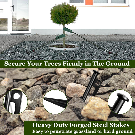 Tree Stakes and Supports, Heavy Duty Tree Stakes Kit Include 3Pcs Tree Straps for Staking, 3Pcs 12" Steel V1258-DP02-B-442