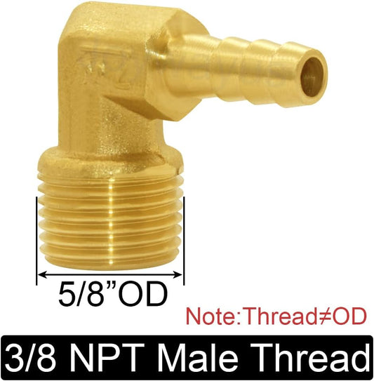 Brass Hose Fitting,90 Degree Elbow,1/4" Barb x 3/8" NPT Male Pipe Water/Fuel/Air (Pack of 2) V1258-DP02-B-470