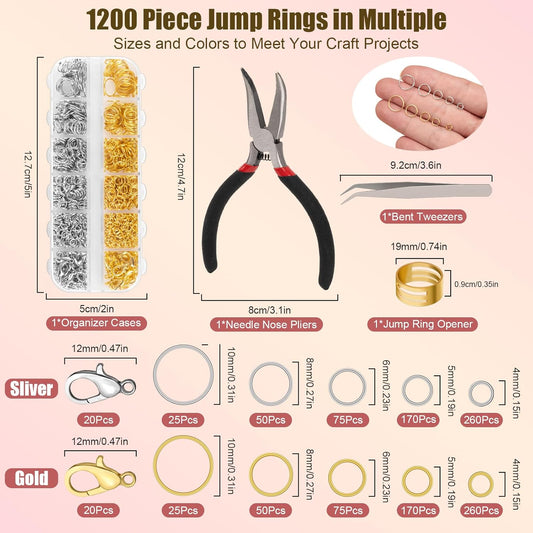 1200 Pcs Jump Rings for Jewelry Making Supplies, Necklace Repair Kit with Open/Close Tools, Pliers, Tweezers, V1258-DP02-B-64