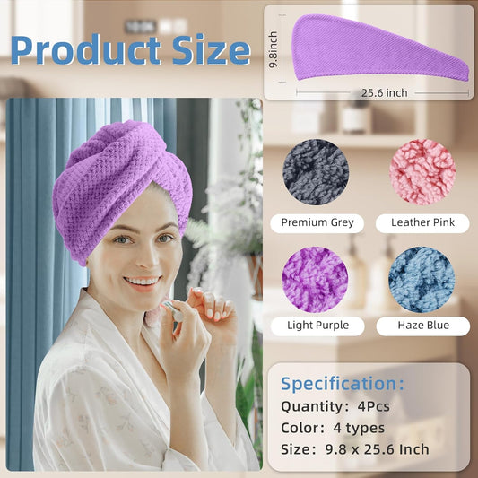 Hair Towel Wrap, 4 Packs 9.8 x 25.6 Inch Towel Turbans for Wet Hair, Dry Hair Towel, Headbands for Curly and V1258-DP02-B-66