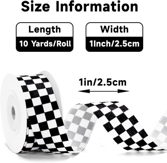 Black and White Checkered Ribbon - Racing Car Theme Black Grosgrain Buffalo Plaid Ribbon for Gift Wrapping, 1 V1258-DP02-B-663