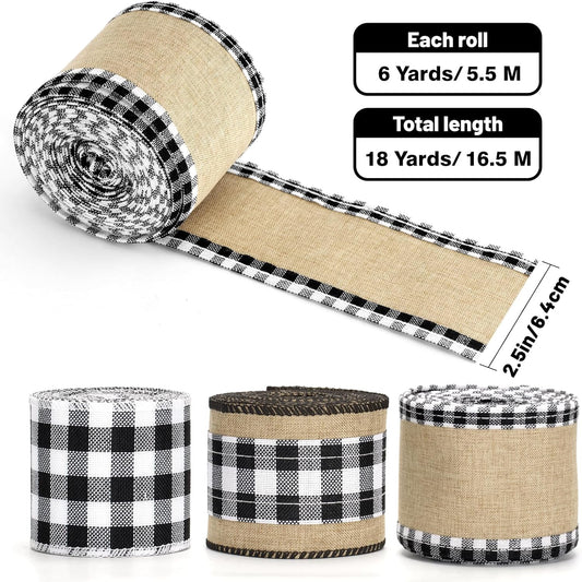 Buffalo Plaid Ribbon Wired - 3 Rolls 2.5'' x 18 Yards, Burlap Black and White Plaid Ribbons for Crafts, V1258-DP02-B-664