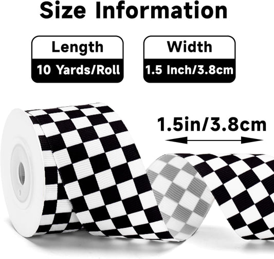 Black and White Checkered Ribbon - Racing Car Theme Black Grosgrain Buffalo Plaid Ribbon for Gift Wrapping, V1258-DP02-B-668