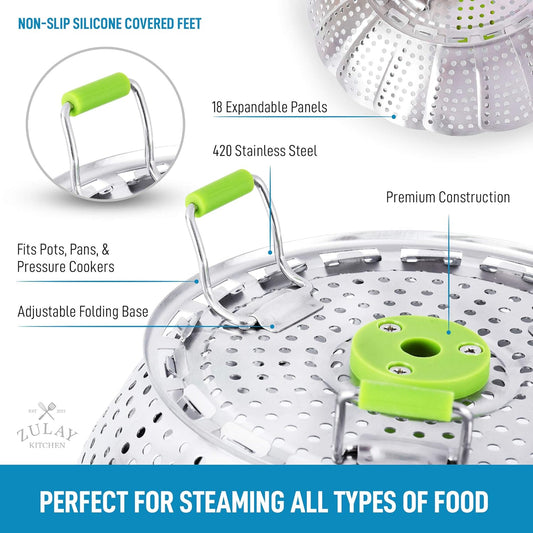 Zulay Adjustable Vegetable Steamer Baskets For Cooking - Foldable Steamer Basket (5.1" to 9") - Expandable V1258-DP02-B-831