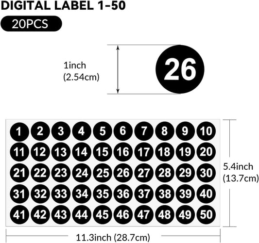 20 Sheets 1 to 50 Vinyl Small Round Labels Consecutive Number Stickers Waterproof Adhesive Inventory Stickers V1258-DP02-B-866
