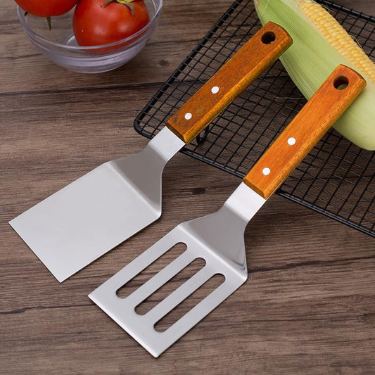 2 PCS Metal Spatula for Cast Iron Skillet, Stainless Steel Grill Spatula Slotted Turner Fish with Wood Handle V1258-DP02-B-90