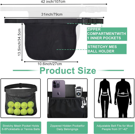 Tennis Ball Holder Ball Bag, Adjustable Pickleball Waist Pouch Holder, Pickleball Bags Holding 8-10 Tennis or V1258-DP02-B-921