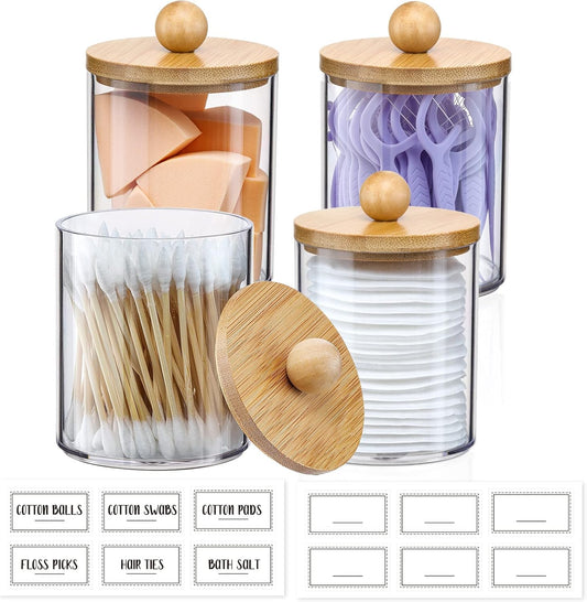 4 Pack Qtip Holder Dispenser with Bamboo Lids - 10 oz Clear Plastic Apothecary Jar Containers for Vanity V1258-DP02-B-956