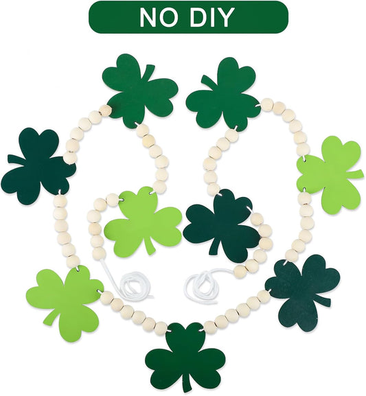 4.5 FT St.Patrick's Day Shamrock Garland for Decorations, Wood Green Garland with Beads NO DIY, Clover St V1258-DP02-B-998