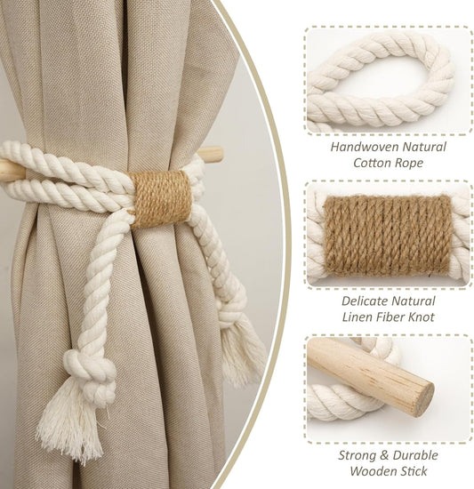 2 Pack White Curtain Tiebacks with Pine Wood Rod Holder Natural Cotton Linen Rope No Drilling Easy V1258-DP02-BOL-269