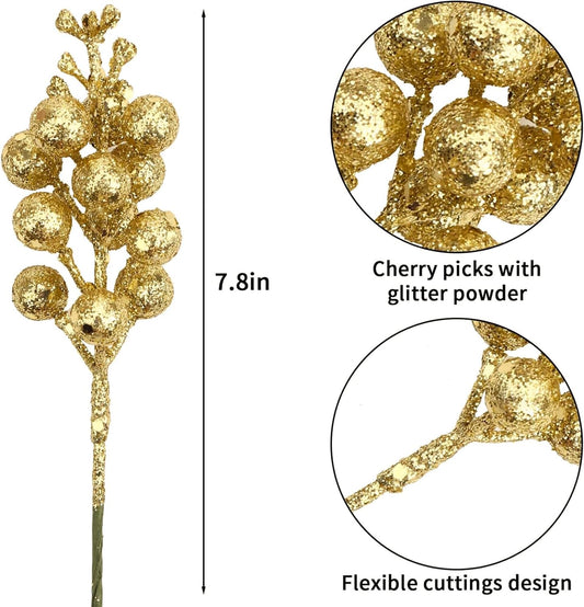 20 Gold Glitter Berry Ornaments Christmas Tree Decorations Artificial Xmas Tree Filler DIY Wreath Festive V1258-DP02-BOL-338
