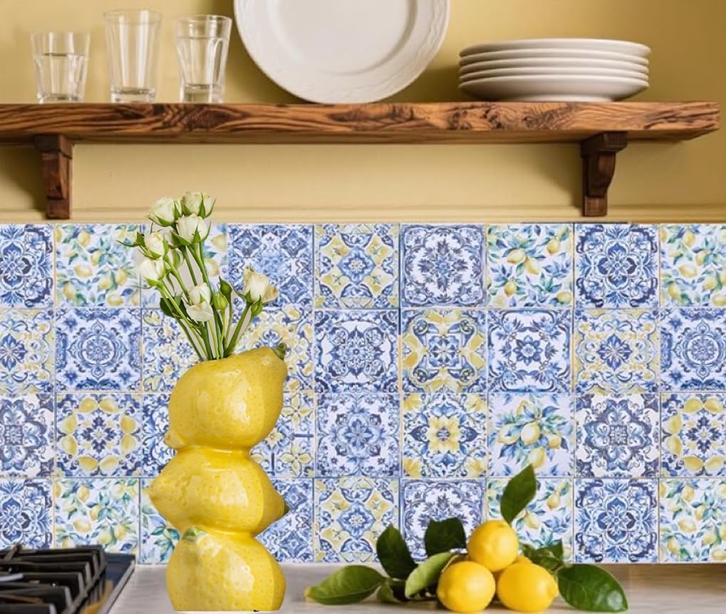 Yellow Ceramic Vase with Lemon Design Mediterranean Style for Home and Kitchen Decor V1258-DP02-BOL-383