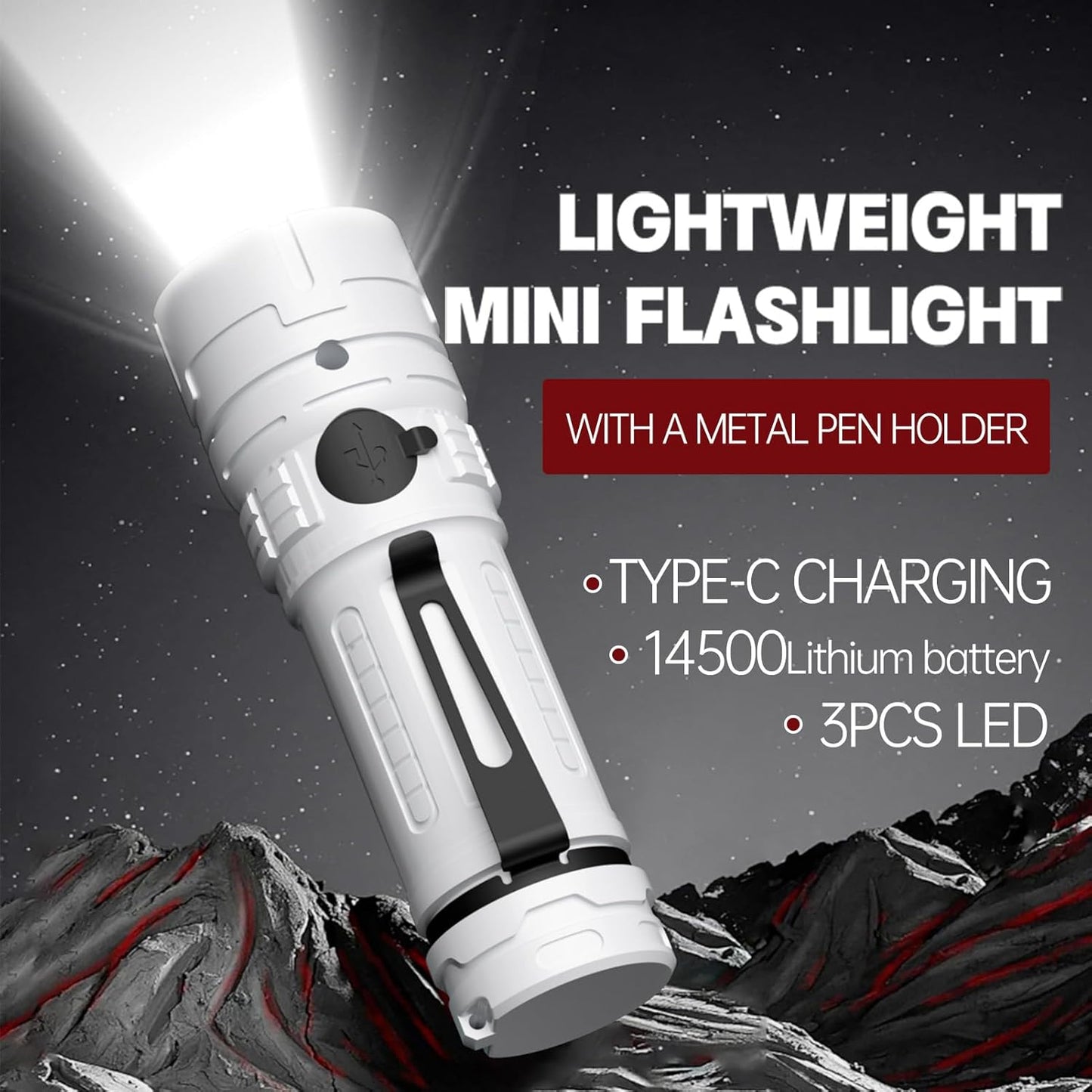 Rechargeable LED Torch - White - 1 Piece - Lightweight Portable Flashlight for Camping Backpacking Hiking V1258-DP02-BOL-398