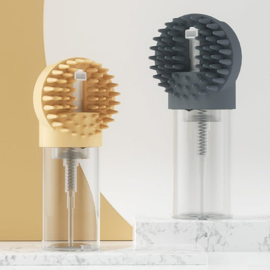 2-in-1 Silicone Pet Bath Brush with Shampoo Dispenser - Grey - Massage Grooming Tool for Dogs and Cats - V1258-DP02-BOL-40