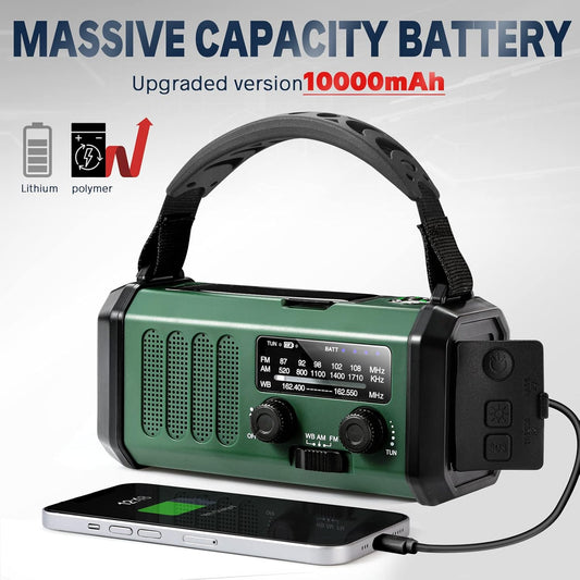 10000mAh Solar Powered Emergency Radio & Power Bank All-in-1 Survival Device with Hand Crank NOAA Alert V1258-DP02-BOL-464