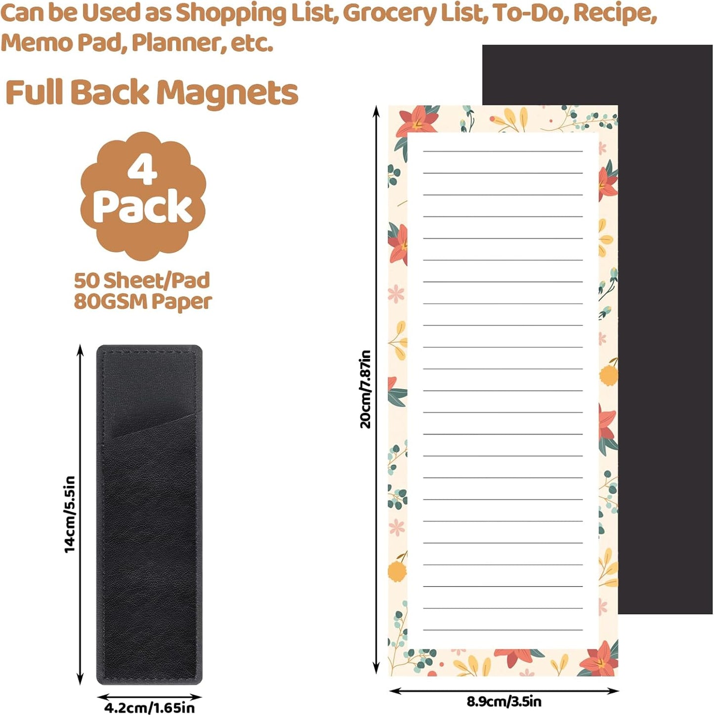 Magnetic Notepads with Pen Holder - 200 Sheets - 4 Pack for Refrigerator - Ideal for Grocery Lists & To-Do V1258-DP02-BOL-754