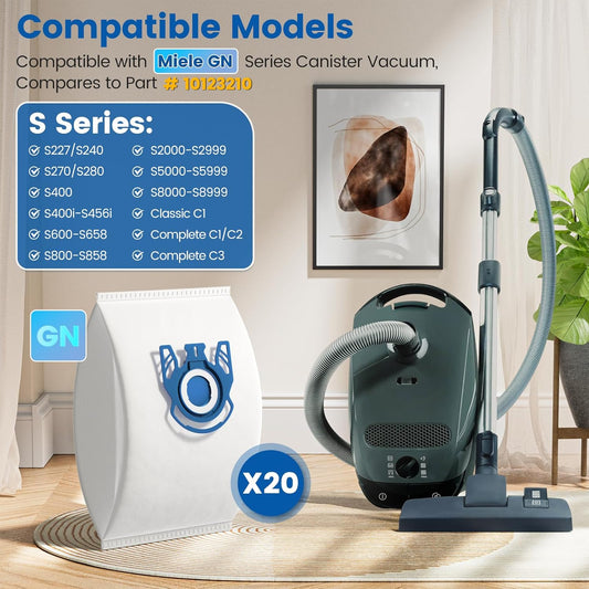 20 Pack 3D Airclean GN Vacuum Bags Compatible with Miele Classic C1, Complete C1, Complete C2, Complete C3, V1258-DP02-C-1039