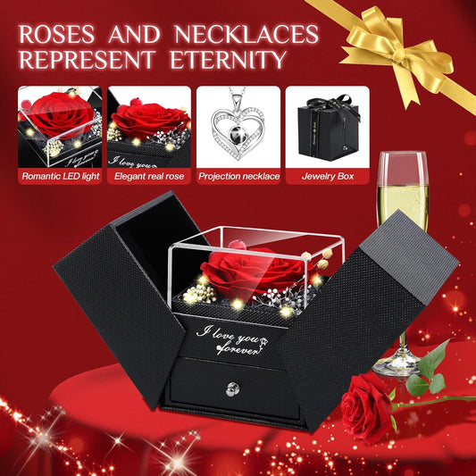 Preserved Red Real Rose Flowers in Box with I Love You in 100 Languages Necklace - Unique Gift for Women Mom V1258-DP02-C-1058