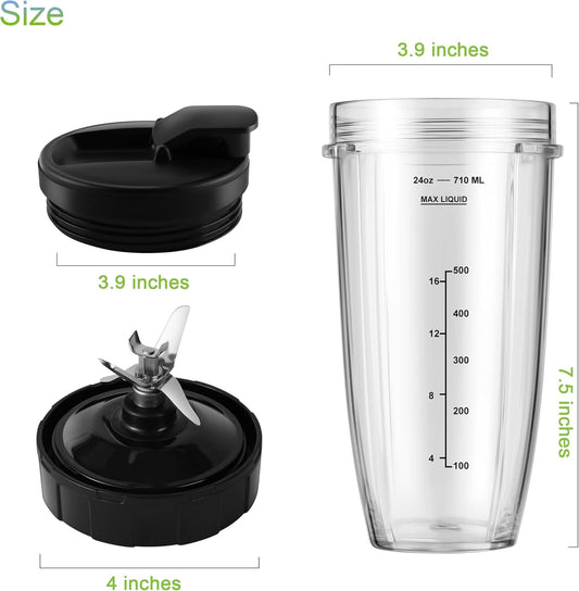 Blender Replacement Parts for Ninja, 24oz Ninja Blender Cups with To-Go Lids, 7 Fins Extractor Blade, V1258-DP02-C-106