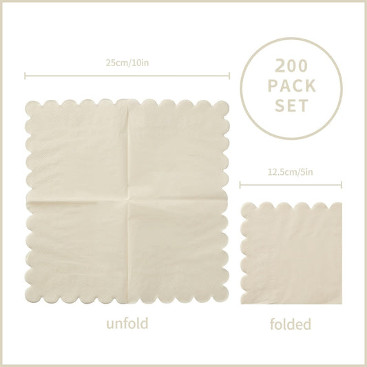 200 Pack Cocktail Napkin 2-Ply Scalloped Edged Dessert Napkins Folded 5 x 5 Inches Disposable Napkins for V1258-DP02-C-1082