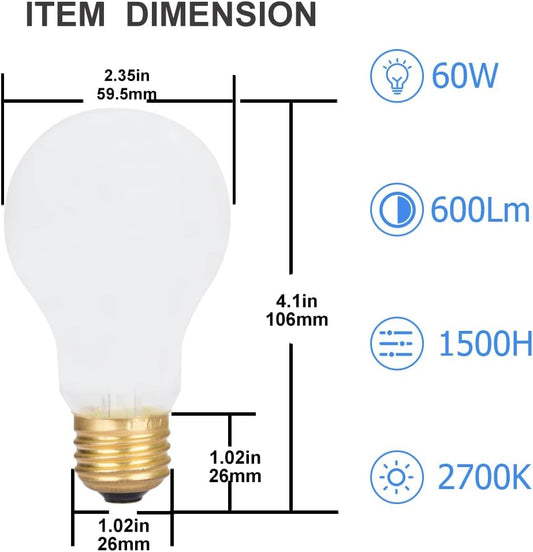 12 Pack 60 Watt A19 E26 Medium Base 130 Volt Incandescent Light Bulbs, Standard Household Bulbs for Ceiling V1258-DP02-C-1244