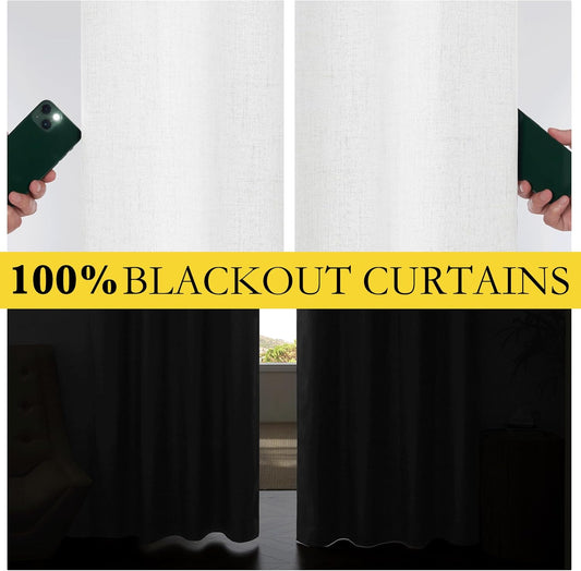 100% Absolutely Blackout Linen Curtains with Thermal Insulated White Liner,Greyish White,52" Wide,84" Length V1258-DP02-C-1290