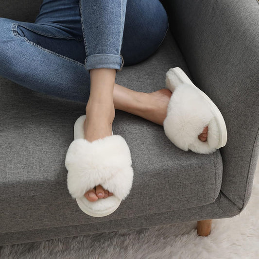 Women's Fuzzy Slippers Cross Band Memory Foam House Slippers Open Toe V1258-DP02-C-1293