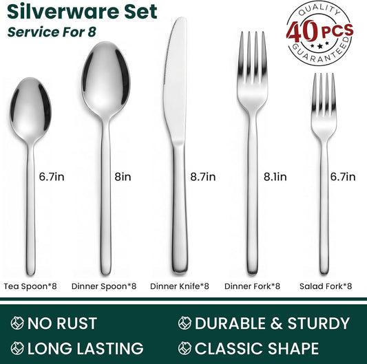 Premium 40-Piece Silverware Set for 8, 18/10 Stainless Steel Flatware Cutlery Set with Forks, Knives, Spoons, V1258-DP02-C-130