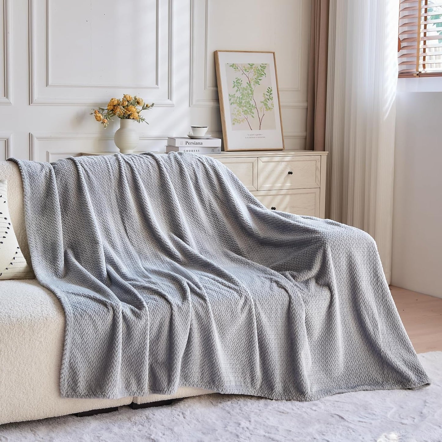 Super Soft Throw Size Blanket Grey Premium Silky Flannel Fleece Leaves Pattern Lightweight Bed Blanket All V1258-DP02-C-1307