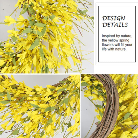 24" Spring Wreaths for Front Door Artificial Forsythia Flower Wreath on Grapevine Yellow Wreath with Green V1258-DP02-C-1362
