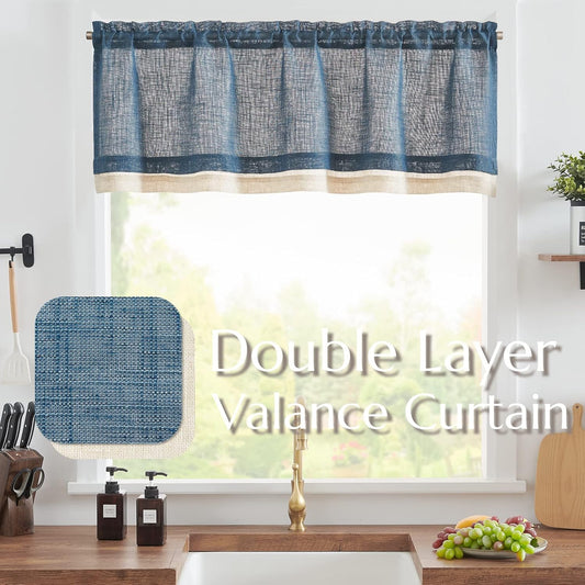Linen Valance for Farmhouse Living Room Windows 16 Inch Slubbed Crossed Double Layer Window Valance Light V1258-DP02-C-1367