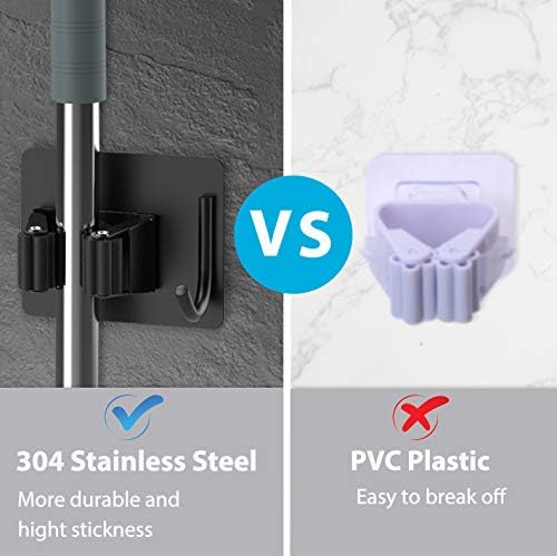 Mop Broom Holder No Drill, Mop Broom Organizer Wall Mounted Heavy Duty with Hooks Hanger, Self Adhesive V1258-DP02-C-1403