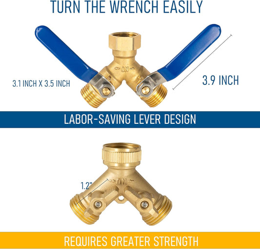 Brass Garden Hose Splitter, Y Valve Splitter with Stainless Steel Long Handle, Heavy Duty 2 Way 3/4" GHT V1258-DP02-C-159