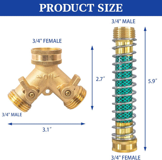 2 Way Hose Splitter, 3/4" Brass Hose Y Splitter with 2 PCS Garden Hose Extension Hose Coiled Spring V1258-DP02-C-162