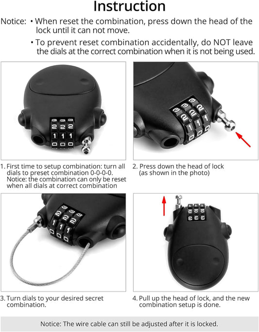 Retractable Cable Lock, 4 Pack Security Password Lock Steel Cable Luggage Locks V1258-DP02-C-2103