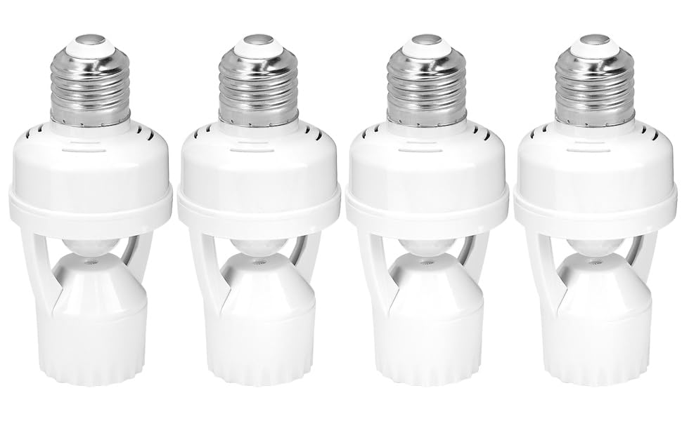 Motion Sensor Light Socket Adapter - 4 Pack E26/E27 Compatible, Adjustable Timing & Lux, Auto Motion Sensor V1258-DP02-C-2181