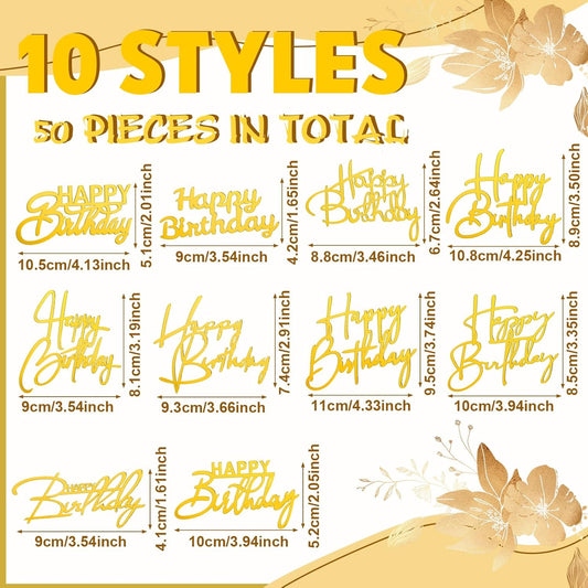 50 Pcs Happy Birthday Cake Toppers Bulk Mirror Acrylic Cupcake Topper Cupcake Decorations Happy Birthday Sign V1258-DP02-C-2255