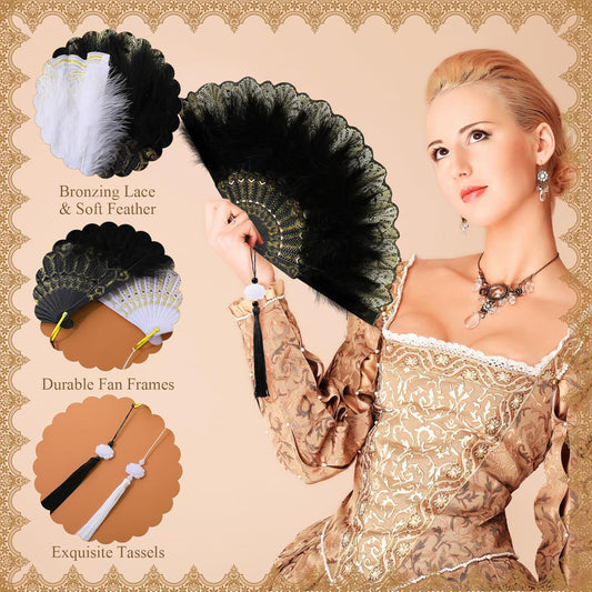 12 Sets Marabou Feather Fan Bulk 20s Folding Fan Wedding Party Favor Lace Vintage Embroidered Flapper Costume V1258-DP02-C-2277