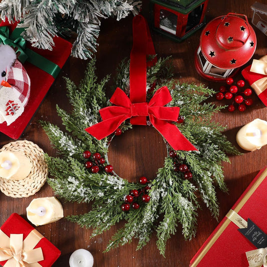 6 Pcs Small Christmas Norfolk Wreaths 15 Inch Christmas Kitchen Cabinet Mini Wreath with Bow Ribbon Cedar V1258-DP02-C-2283